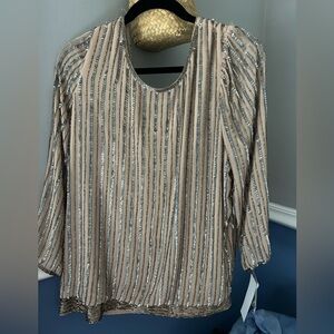 NWT Adrianna Papell Silver and Tan Sequin Blouse Full Beaded Deep Back 14 *notes